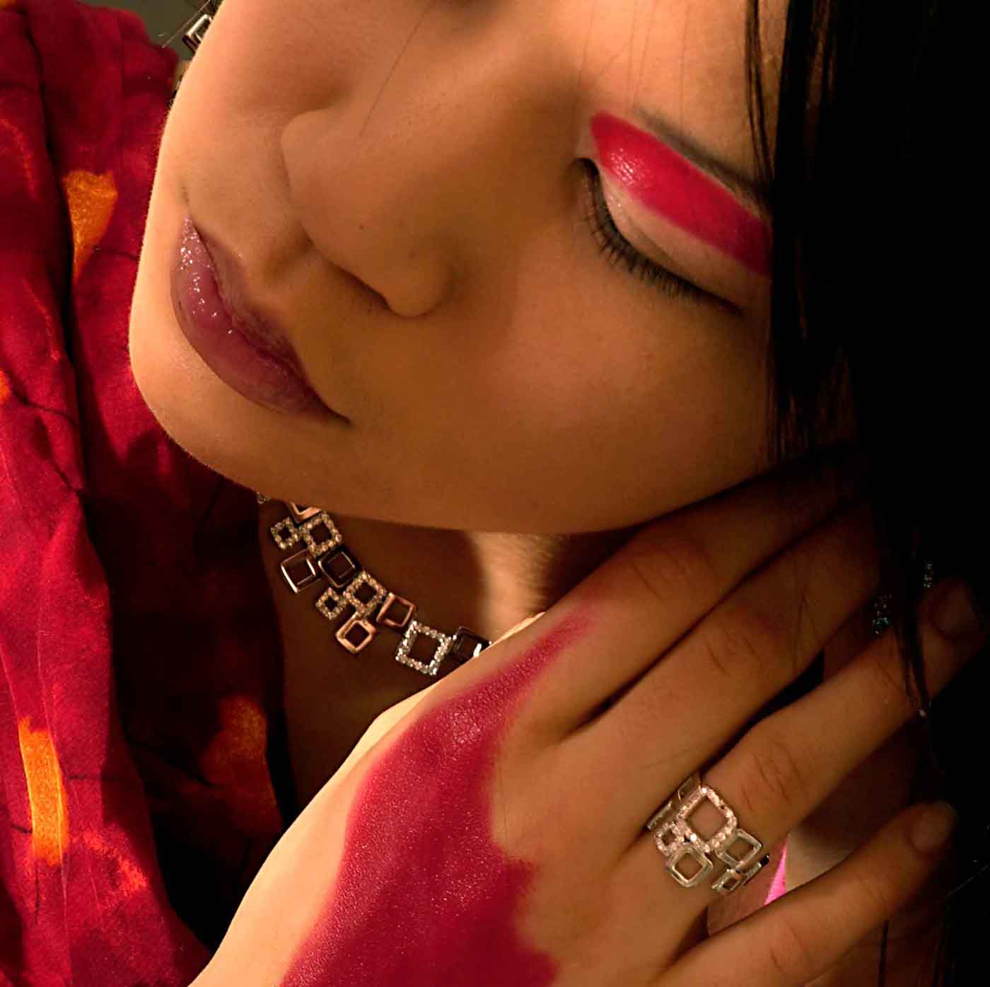 Fashion Photography: female with jewellery, red theme